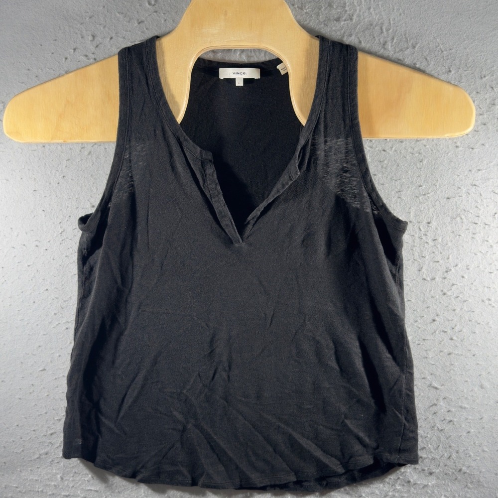 3226 | Vince 100% Linen Split Neck Tank Top Black Minimalist Women L